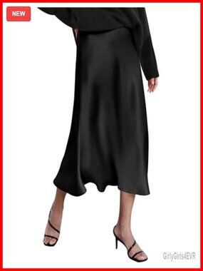 Satin High Waisted Midi Skirt Zipper Elegant Work Skirt